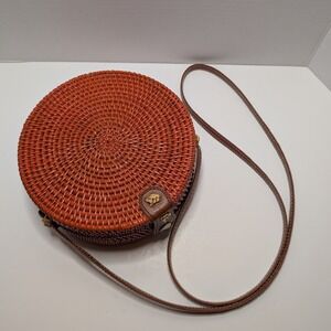 Woven Bali Round Rattan Crossbody Bag Burnt Orange Boho Circle Purse Handcrafted